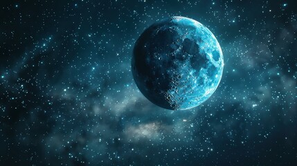 Obraz premium A stunning, detailed view of a blue-tinged moon against a backdrop of countless stars and a wispy cosmic nebula perfect for sci-fi themes, educational materials, or space exploration campaigns,
