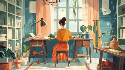 woman engaging in a creative hobby, such as knitting or crafting.