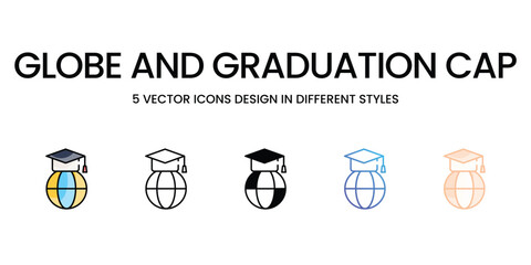 Globe and Graduation Cap icons set five different style vector stock illustration