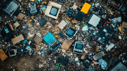 An aerial view of a pile of discarded electronics, showing old computers and monitors among other e-waste, ideal for environmental conservation themes, e-waste management, recycling