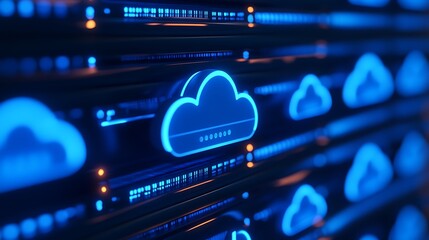 Obraz premium Blue cloud icons on a server rack depicting cloud computing, data storage, and digital technology in a futuristic setting.