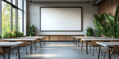 Modern Classroom Interior with Large Projection Screen