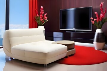 Tv lounch in which a round table and flowers