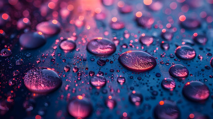 A close-up shot of water droplets on a metallic 3D surface with vibrant reflections of city lights