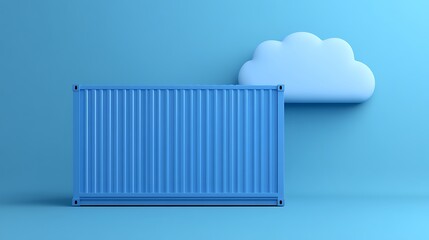 Blue shipping container in front of a cloud, minimalistic design on blue background, concept of cloud storage and logistics.
