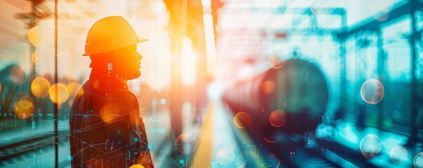 A man in a hard hat stands in front of a train