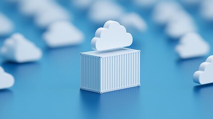 Blue shipping container surrounded by cloud symbols, representing cloud computing and data storage solutions.