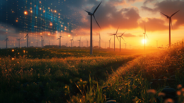 A digital artwork depicting wind turbines atop lush green fields, with an abstract technology grid overlay in the background. The sun is setting behind them, casting long shadows a