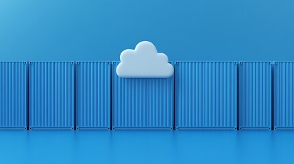 Obraz premium Blue shipping containers aligned against a blue background with a cloud symbol, representing cloud computing and logistical connections.