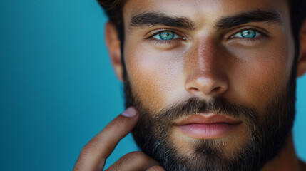 A young, handsome man touches his beard and mustache against a blue background. This close-up portrait of a male model showcases a fresh skin tone, likely the result of a facial ca