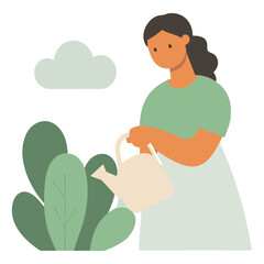 Woman watering plants in minimalistic garden setting