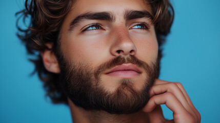 Fototapeta premium Portrait of a handsome young man touching his beard against a blue background. This close-up shot has ample copy space for your text and can be used as a banner mockup. 