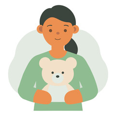 Woman holding a teddy bear with a warm smile