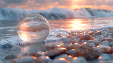 A high-definition capture of a smooth pebble on a beach with a glassy 3D object floating nearby