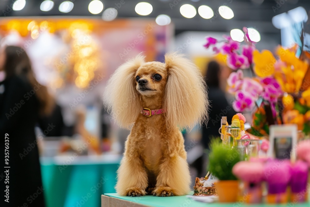 Wall mural a stylishly groomed dog stands out in a vibrant and colorful setting, adorned with a decorative coll