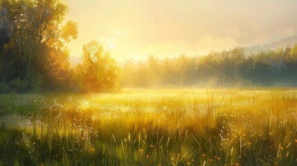 Observe the beauty of a meadow at sunrise, where the morning dew sparkles on the grass and the first light of day casts a golden glow over the landscape.