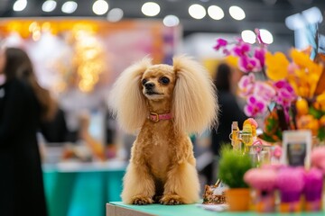 A stylishly groomed dog stands out in a vibrant and colorful setting, adorned with a decorative...