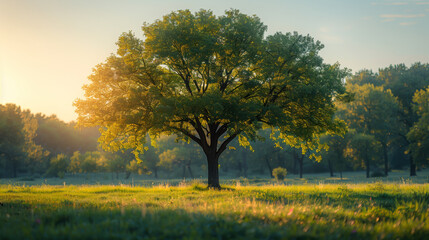 Fototapeta premium A solitary tree stands in a sunlit meadow at dawn, surrounded by lush greenery in a serene landscape