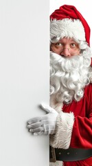 Naklejka premium Claus appears to peep from behind a blank wall, showcasing his joyful spirit. The cheerful setting emphasizes the festive atmosphere during the holiday season