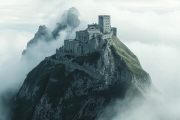 Fototapeta premium A captivating medieval fortress is enveloped in mist, perched on a mountain summit, presenting a hauntingly beautiful scene with an aura of mystery and timelessness.