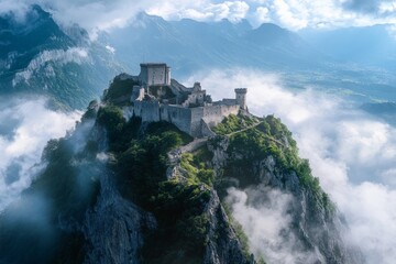 A breathtaking view of a mysterious castle perched on a mountain peak, surrounded by swirling clouds, creating an ethereal and otherworldly atmosphere with dramatic scenery.