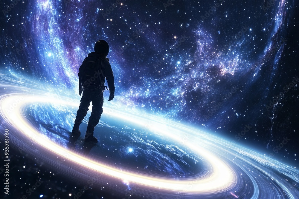 Poster an astronaut standing by a radiant ring with a stunning galaxy backdrop, symbolizing exploration and