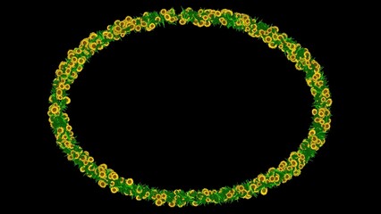 Beautiful illustration of Ellipse shape with green leaves and yellow daisy flowers on plain black background