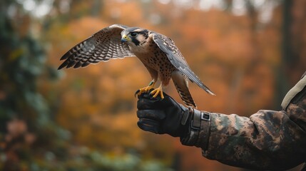 A falcon perched on a gloved hand of its handler dressed in camouflage, photographed during an autumn season, showcasing the bird of prey's majestic presence in nature.