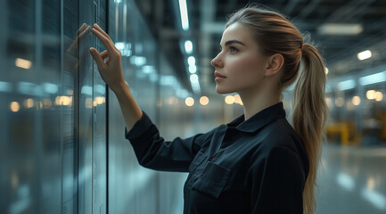 A photo of an attractive female worker in her late thirties with blonde hair and ponytail, wearing black uniform hanging on the wall of industrial building, side view, hands touchi