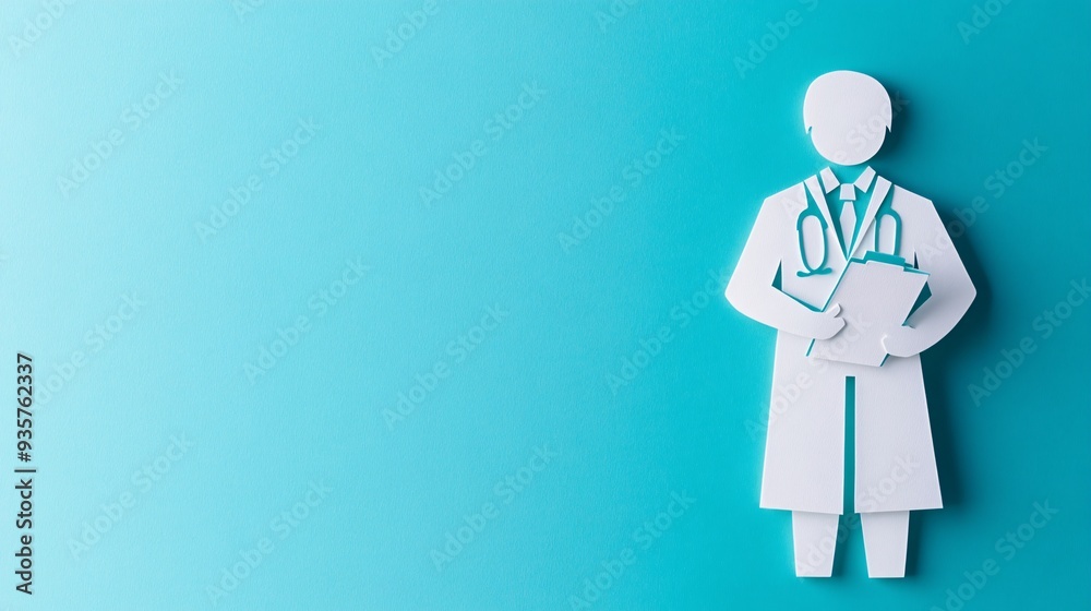 Poster a paper cut illustration of a doctor wearing a lab coat and holding a clipboard emphasizing the prof