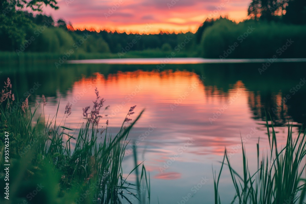Poster a serene sunset casts its reflection on a calm lake surrounded by lush greenery, capturing a tranqui