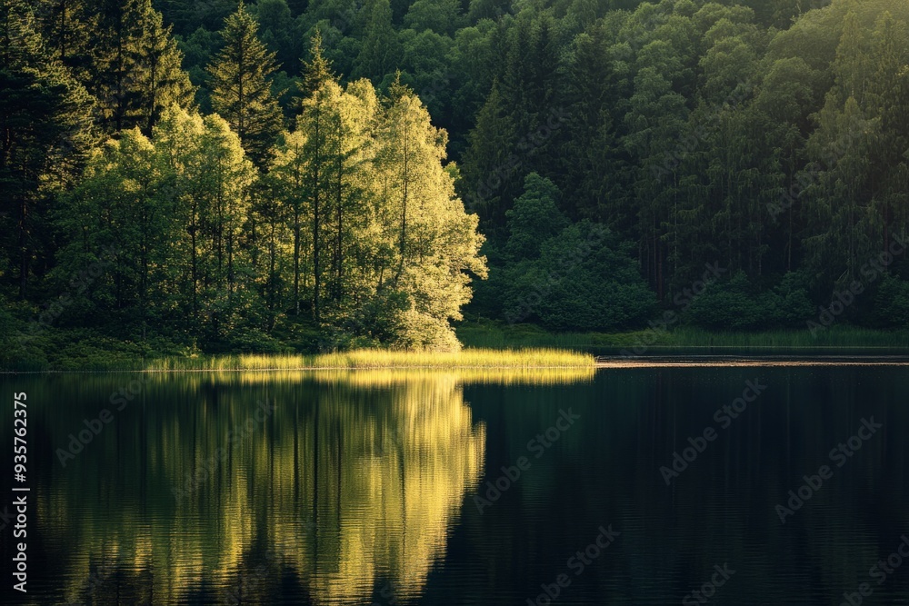 Poster this image captures the serene beauty of a forest lake at dusk, with sunlit trees casting reflection