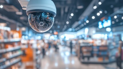 Indoor surveillance camera in a retail store with blurred background