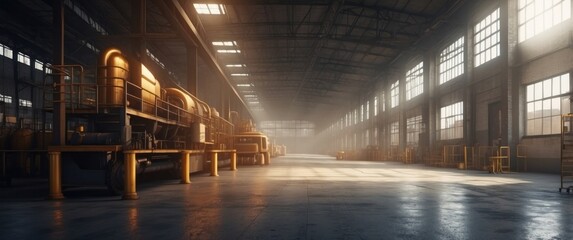 Dusty Industrial Warehouse with Sunlight Streaming Through Windows