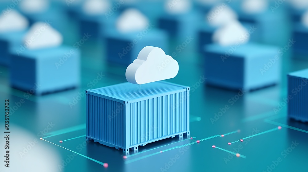 Poster cloud computing concept with blue containers and white clouds symbolizing data storage and networkin