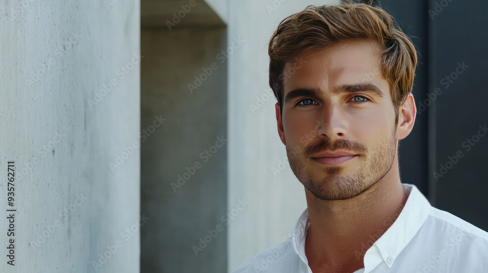 Poster Portrait of a handsome man with blue eyes and a light beard, looking at the camera.