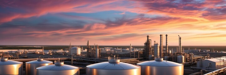 A large industrial plant with many tanks and a large truck