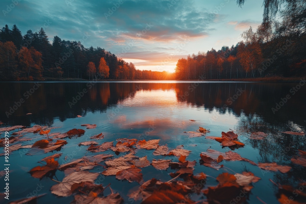 Poster a serene sunset over a peaceful lake, with floating autumn leaves creating a beautiful and tranquil 