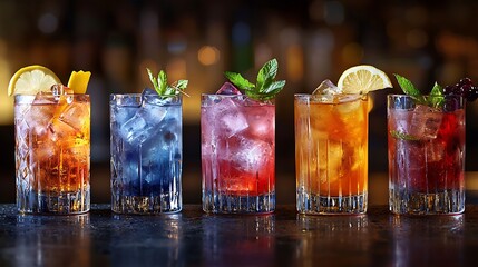 Colorful cocktails with ice and garnish on a bar counter, showcasing a vibrant and refreshing selection perfect for a lively and inviting atmosphere.