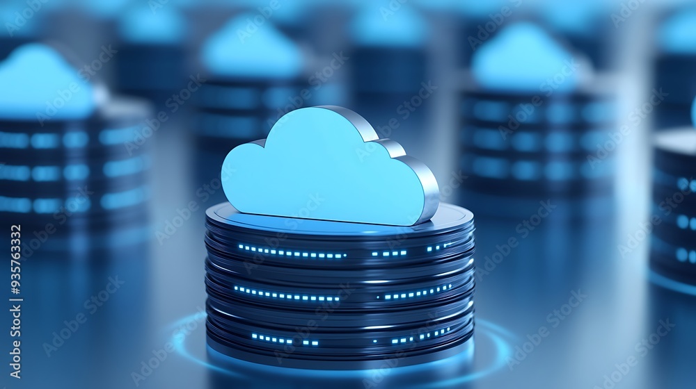 Poster cloud computing concept with data storage servers and digital clouds, representing modern data manag