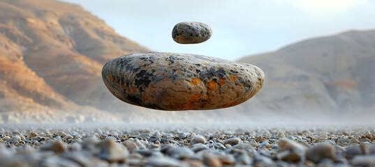 A high-definition capture of a smooth pebble with a reflective 3D object hovering just above