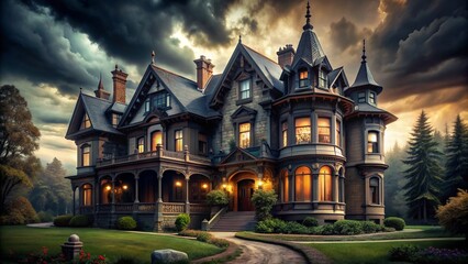 Fototapeta premium Amidst the whispers of forgotten histories, a foreboding Victorian mansion emerges, its Gothic Revival presence infused with a sense of eerie romance, as if the very shadows themselves held secrets 