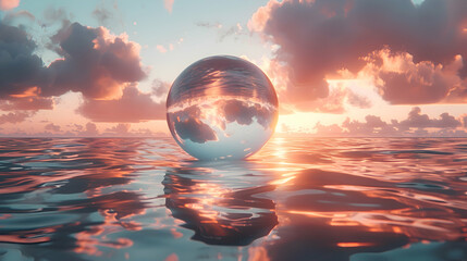 A high-definition capture of a glassy 3D sphere floating above a serene water surface, reflecting the sky