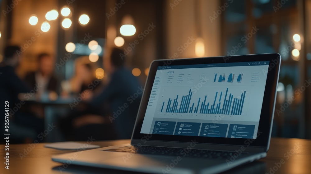Leinwandbilder The image captures an evening business meeting. The laptop displaying data visualizations, including bar and line graphs, is the focal point, with blurred participants in the background.