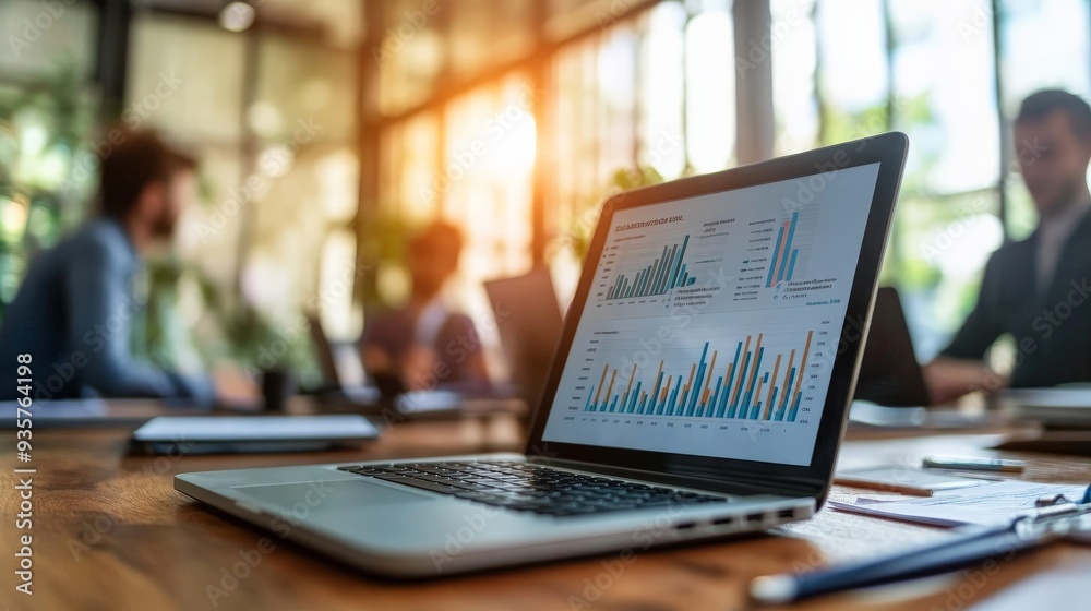Leinwandbilder an open laptop displaying various charts is situated on a table in a sunlit office space, where indi