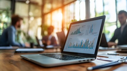 An open laptop displaying various charts is situated on a table in a sunlit office space, where individuals are seen focusing on their respective tasks.
