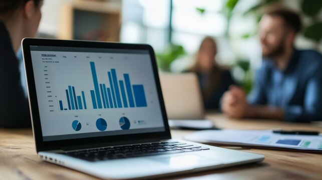 The image captures a team collaborating in an office setting. The laptop displaying various analytic graphs and charts is the central focus, contributing to business productivity.