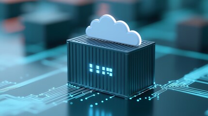 Cloud computing technology concept featuring a data server with cloud icon on digital interface background.