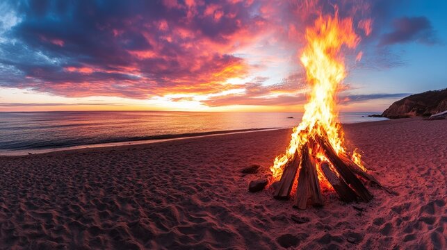 A bright beach bonfire against the backdrop of twilight, casting long shadows and illuminating the surrounding sand while the sky fades into deep, rich colors.