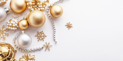 Fototapeta premium Merry Christmas, festive celebration holiday holidays greeting card - Golden ornaments, christmas baubles, frame border decoration, isolated on blue paper table background, top view flat lay